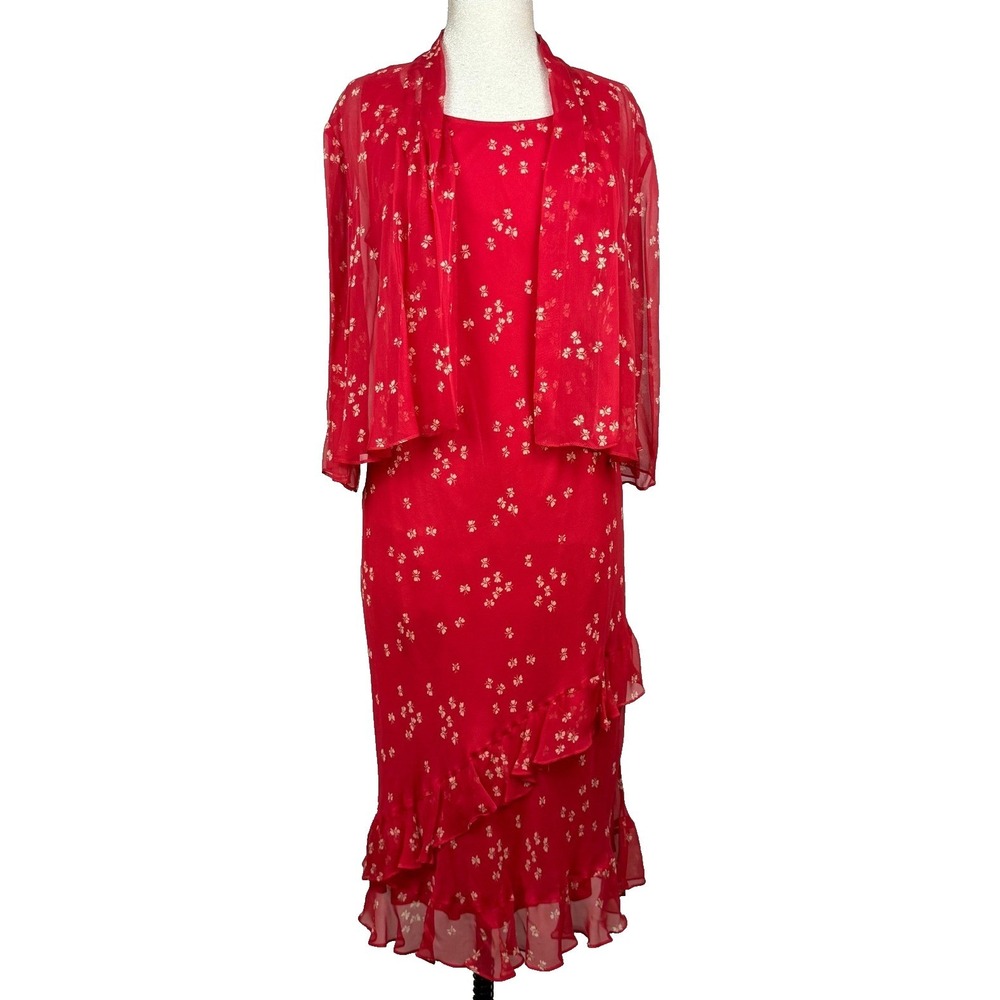 Signature by Robbie Bee Dress Set Womens 14 Red Silk Butterfly Ruffle Whimsigoth